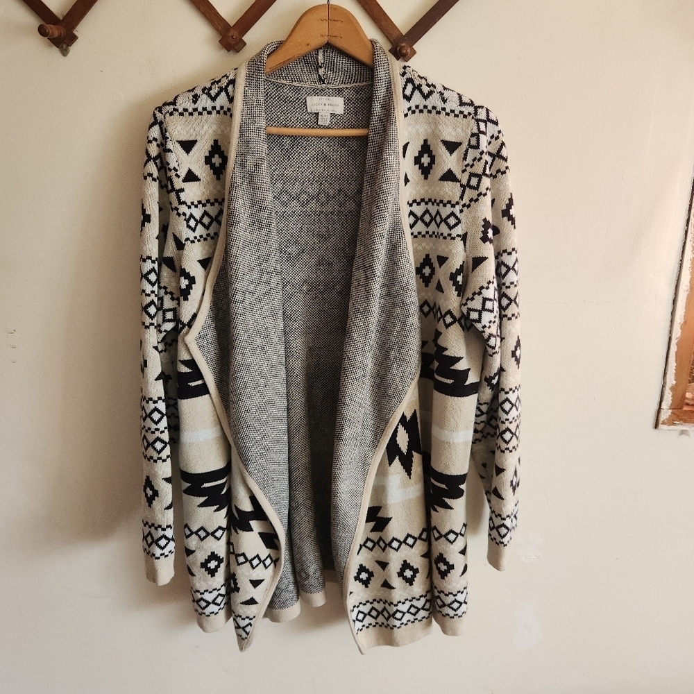 Lucky Brand Open-Front Aztec Print Cardigan Sweater Cream & Black Heavy Xl